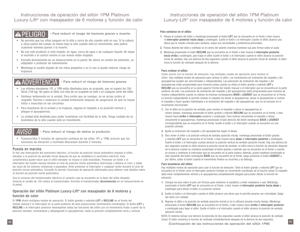 Peligro, Advertencia, Aviso | Con masajeador de 6 motores y función de calor | La-Z-Boy Platinum Luxury-Lift Power Recliner User Manual | Page 21 / 38