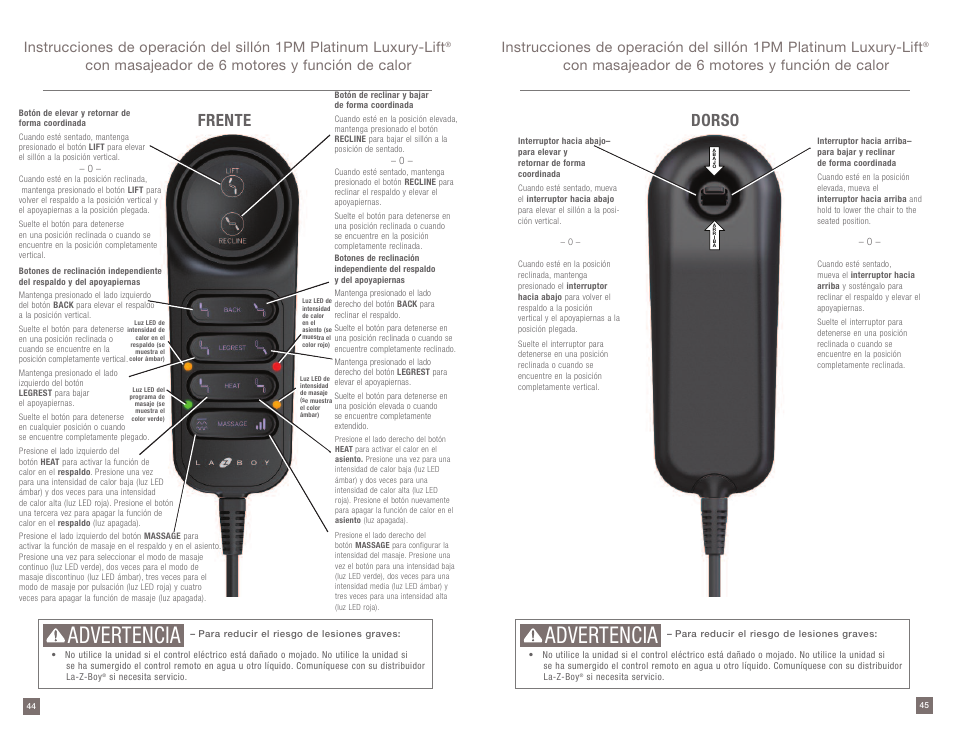 Advertencia, Dorso, Frente | Con masajeador de 6 motores y función de calor | La-Z-Boy Platinum Luxury-Lift Power Recliner User Manual | Page 23 / 38