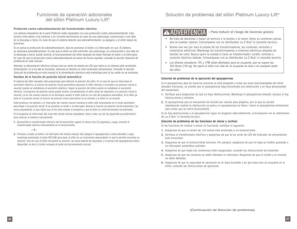 Advertencia | La-Z-Boy Platinum Luxury-Lift Power Recliner User Manual | Page 24 / 38