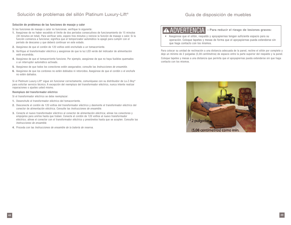 Advertencia, Guía de disposición de muebles | La-Z-Boy Platinum Luxury-Lift Power Recliner User Manual | Page 25 / 38