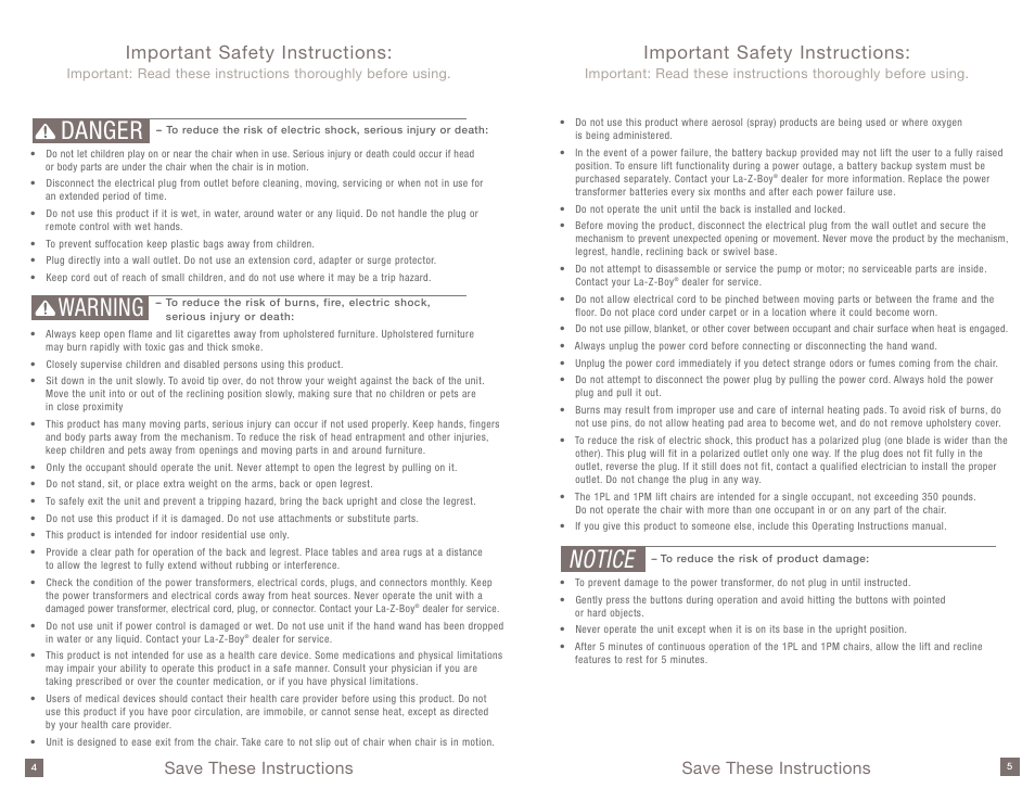 Danger warning, Notice, Important safety instructions | Save these instructions | La-Z-Boy Platinum Luxury-Lift Power Recliner User Manual | Page 3 / 38