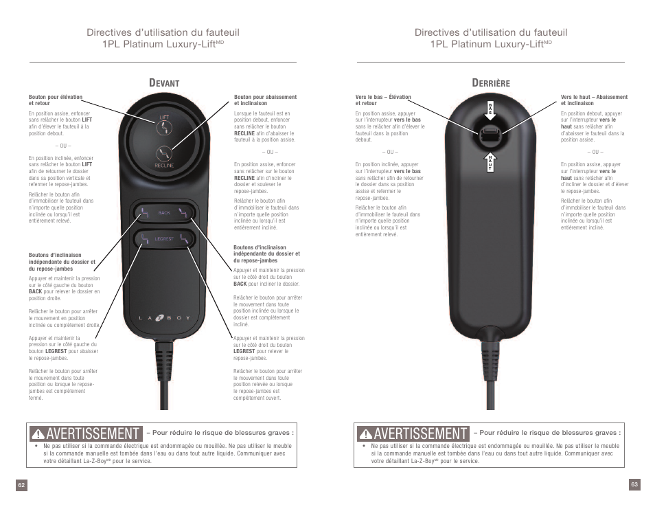 Avertissement | La-Z-Boy Platinum Luxury-Lift Power Recliner User Manual | Page 32 / 38