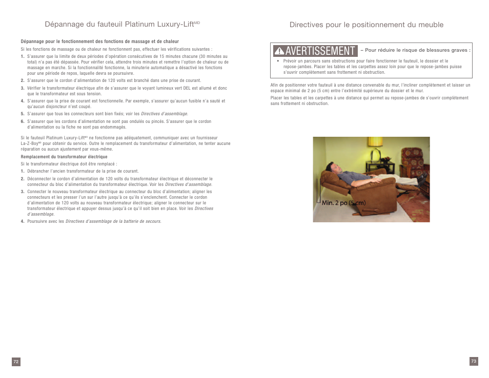 Avertissement, Directives pour le positionnement du meuble, Dépannage du fauteuil platinum luxury-lift | La-Z-Boy Platinum Luxury-Lift Power Recliner User Manual | Page 37 / 38