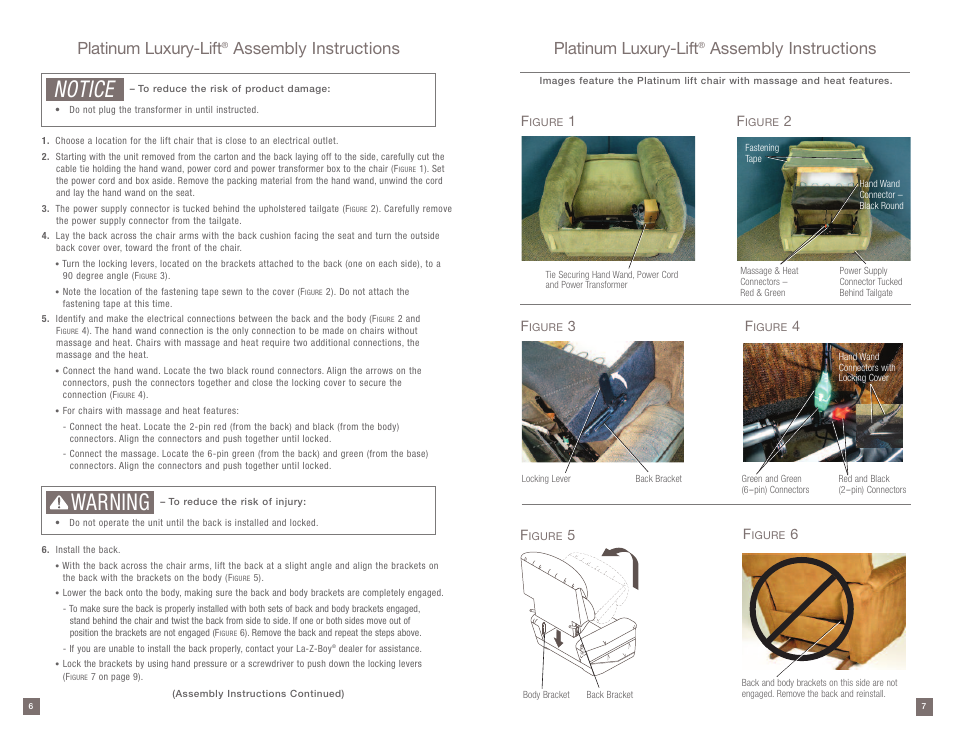 Warning, Notice, Platinum luxury-lift | Assembly instructions platinum luxury-lift, Assembly instructions | La-Z-Boy Platinum Luxury-Lift Power Recliner User Manual | Page 4 / 38