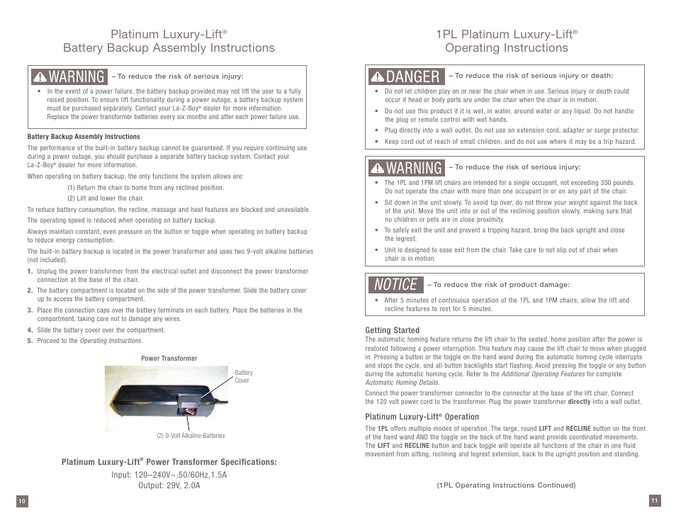 Warning, Danger, Notice | 1pl platinum luxury-lift, Operating instructions, Platinum luxury-lift, Battery backup assembly instructions | La-Z-Boy Platinum Luxury-Lift Power Recliner User Manual | Page 6 / 38