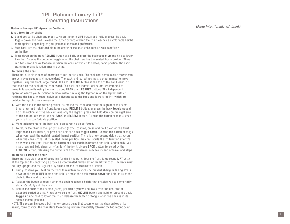 1pl platinum luxury-lift, Operating instructions | La-Z-Boy Platinum Luxury-Lift Power Recliner User Manual | Page 7 / 38