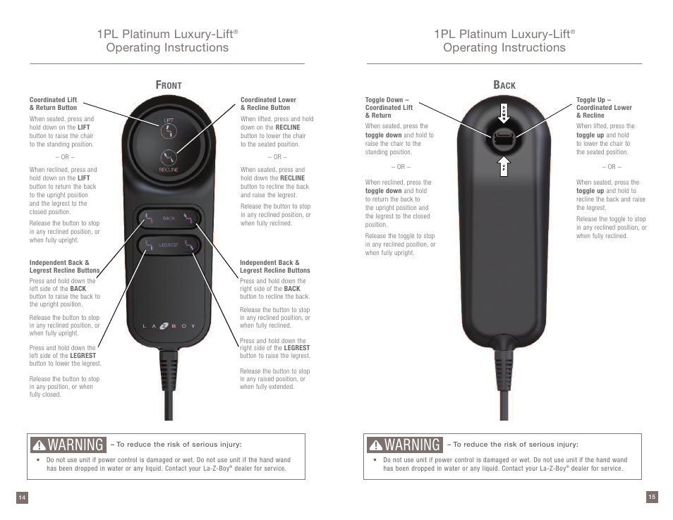 Warning, 1pl platinum luxury-lift, Operating instructions 1pl platinum luxury-lift | Operating instructions | La-Z-Boy Platinum Luxury-Lift Power Recliner User Manual | Page 8 / 38