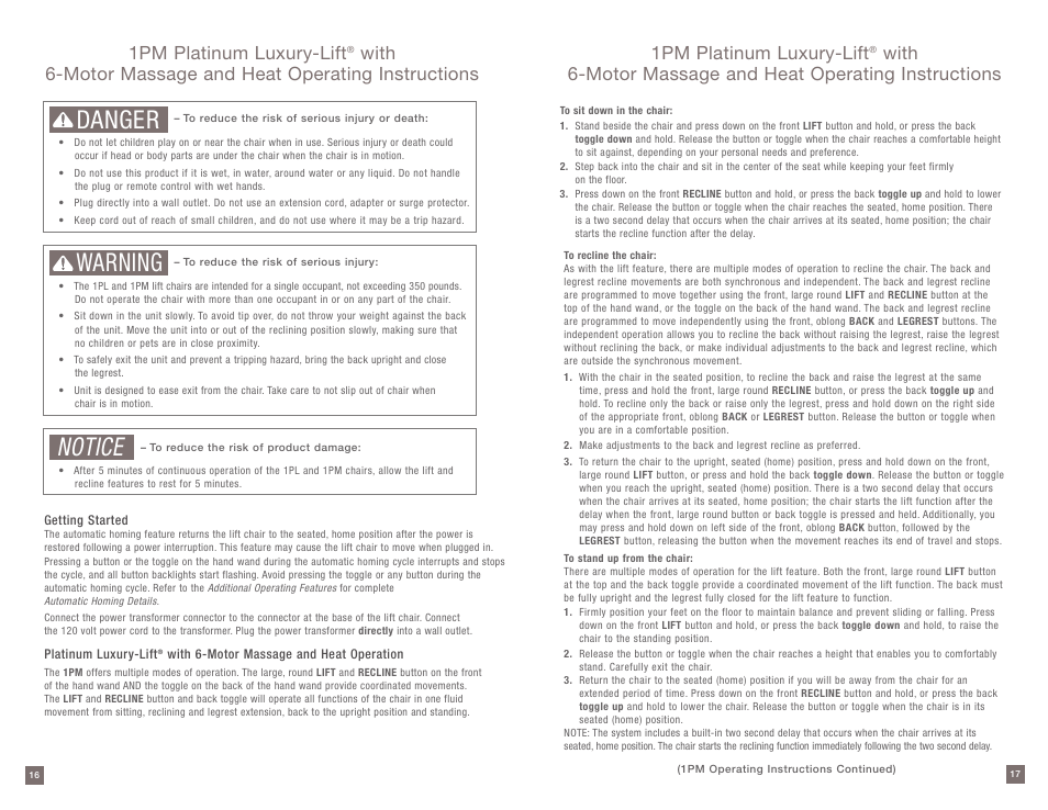 Danger, Warning, Notice | 1pm platinum luxury-lift | La-Z-Boy Platinum Luxury-Lift Power Recliner User Manual | Page 9 / 38