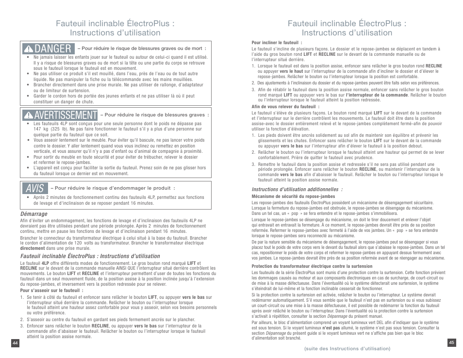 Danger, Avertissement, Avis | La-Z-Boy Silver Luxury-Lift Power Recliner User Manual | Page 23 / 25