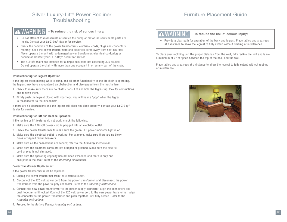 Warning, Silver luxury-lift, Power recliner troubleshooting | Furniture placement guide | La-Z-Boy Silver Luxury-Lift Power Recliner User Manual | Page 9 / 25