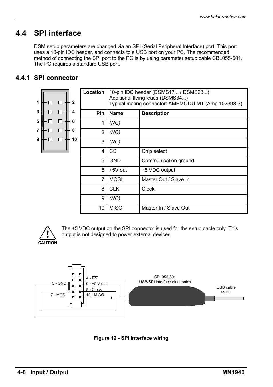 Spi interface, 4 spi interface, 1 spi connector | Baldor MN1940 User Manual | Page 24 / 50