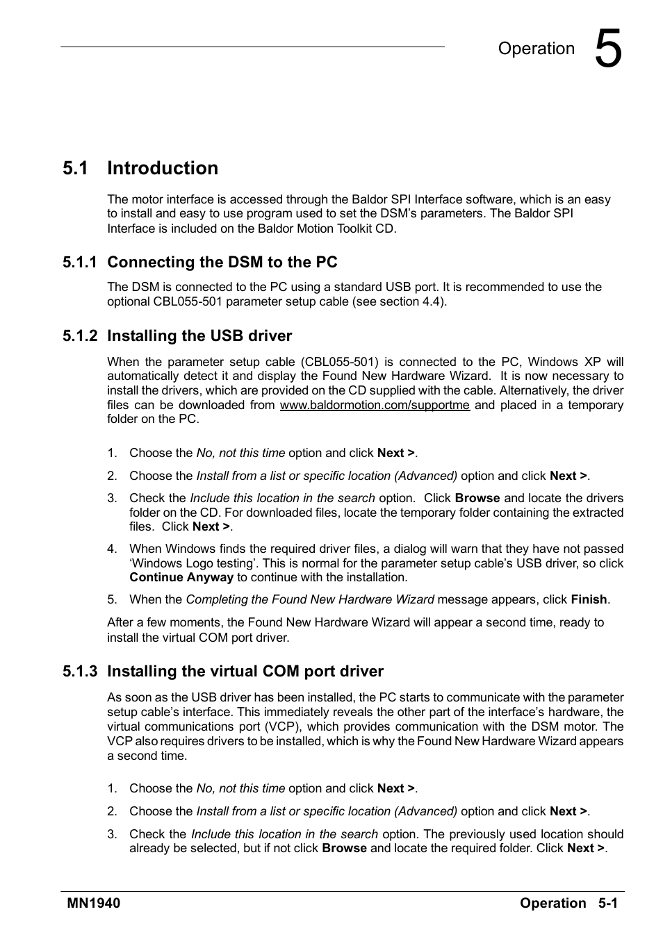 Operation, Introduction, 1 introduction | Baldor MN1940 User Manual | Page 27 / 50