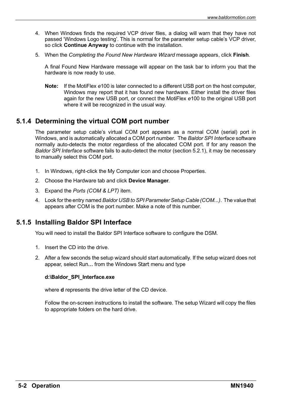 4 determining the virtual com port number, 5 installing baldor spi interface | Baldor MN1940 User Manual | Page 28 / 50