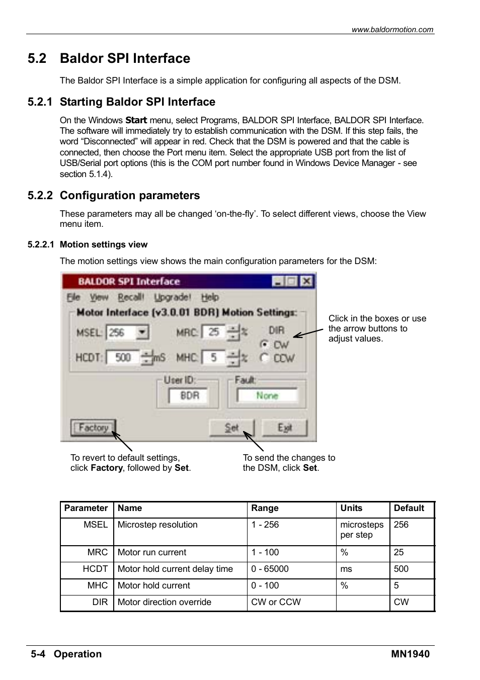 Baldor spi interface, 2 baldor spi interface, 1 starting baldor spi interface | 2 configuration parameters | Baldor MN1940 User Manual | Page 30 / 50