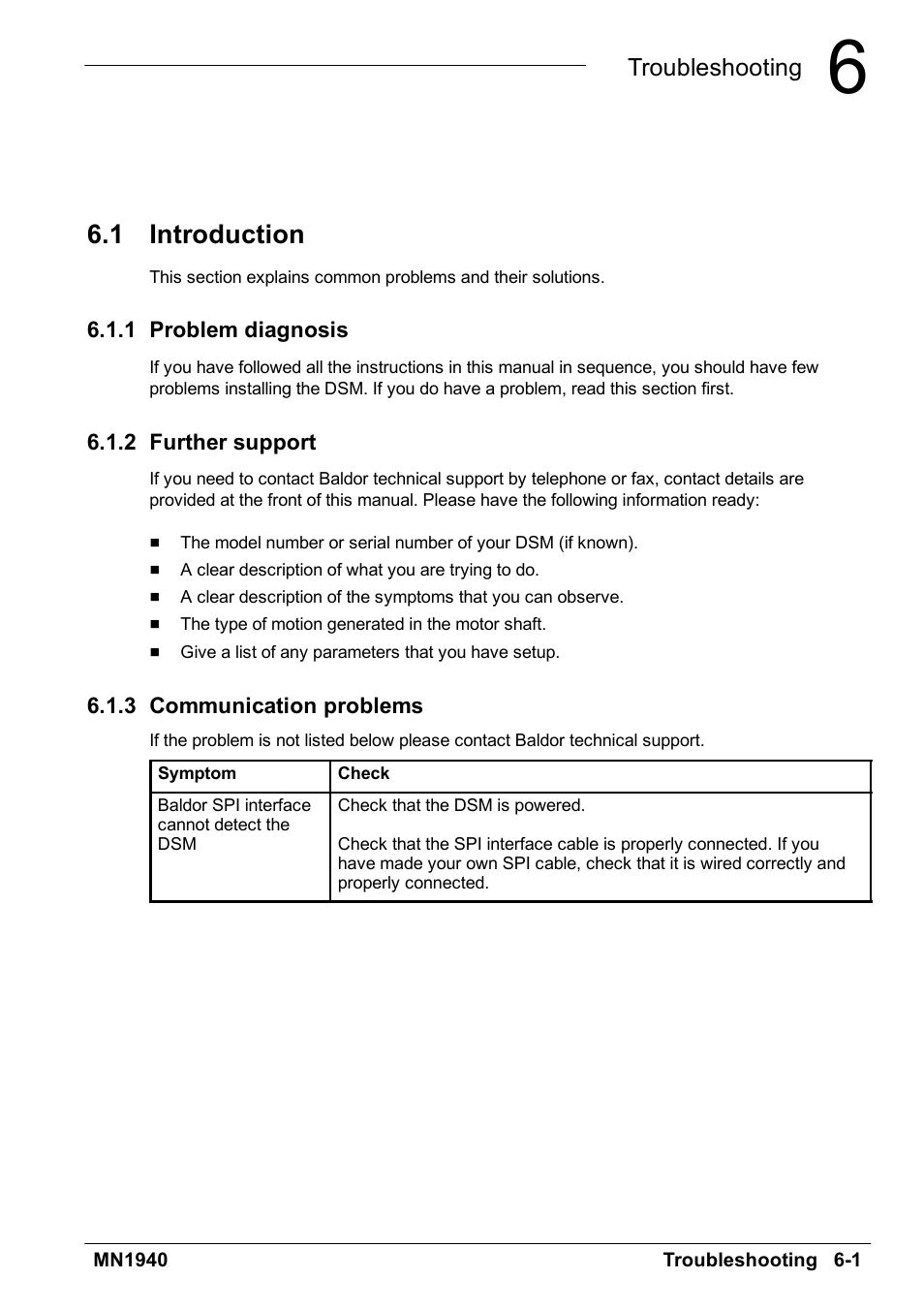 Troubleshooting, Introduction, 1 introduction | Baldor MN1940 User Manual | Page 33 / 50