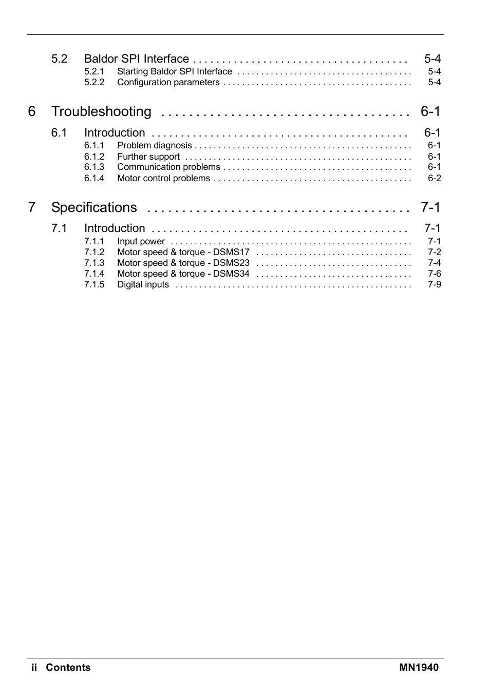 6 troubleshooting 6-1, 7 specifications 7-1 | Baldor MN1940 User Manual | Page 4 / 50