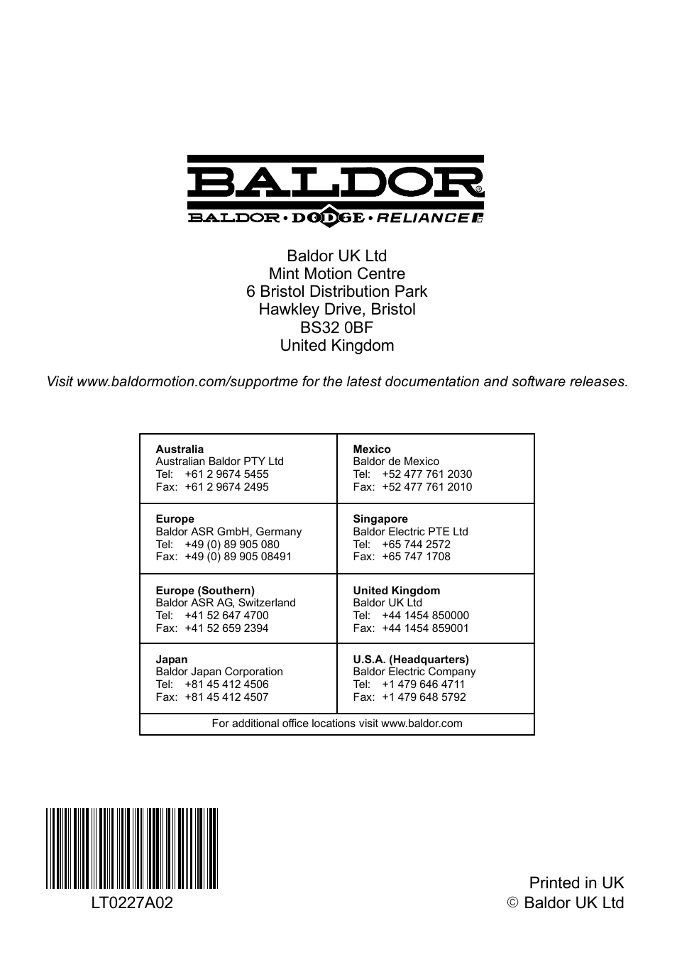 Printed in uk e baldor uk ltd | Baldor MN1940 User Manual | Page 50 / 50