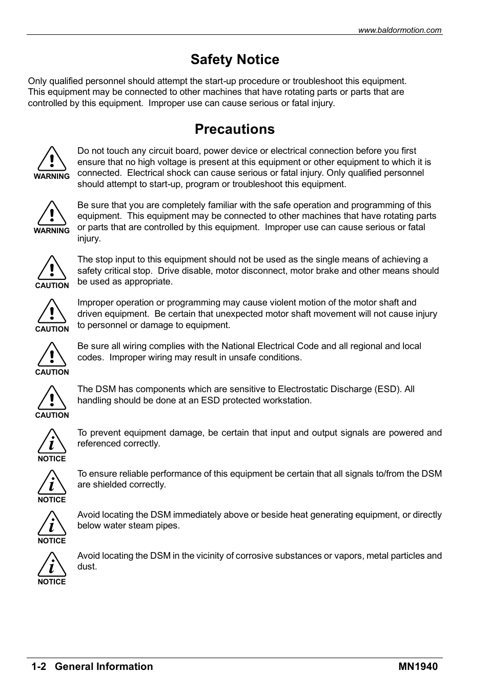 Precautions, Safety notice | Baldor MN1940 User Manual | Page 6 / 50