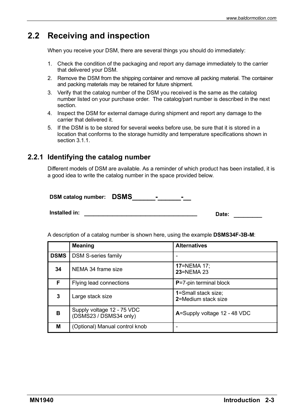 Receiving and inspection, 2 receiving and inspection, 1 identifying the catalog number | Dsms | Baldor MN1940 User Manual | Page 9 / 50