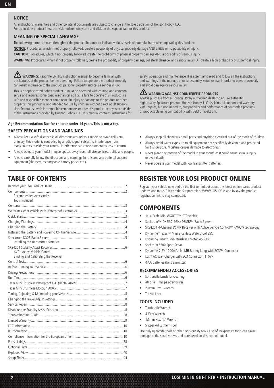 Losi Mini 8IGHT-T RTR User Manual | Page 2 / 20