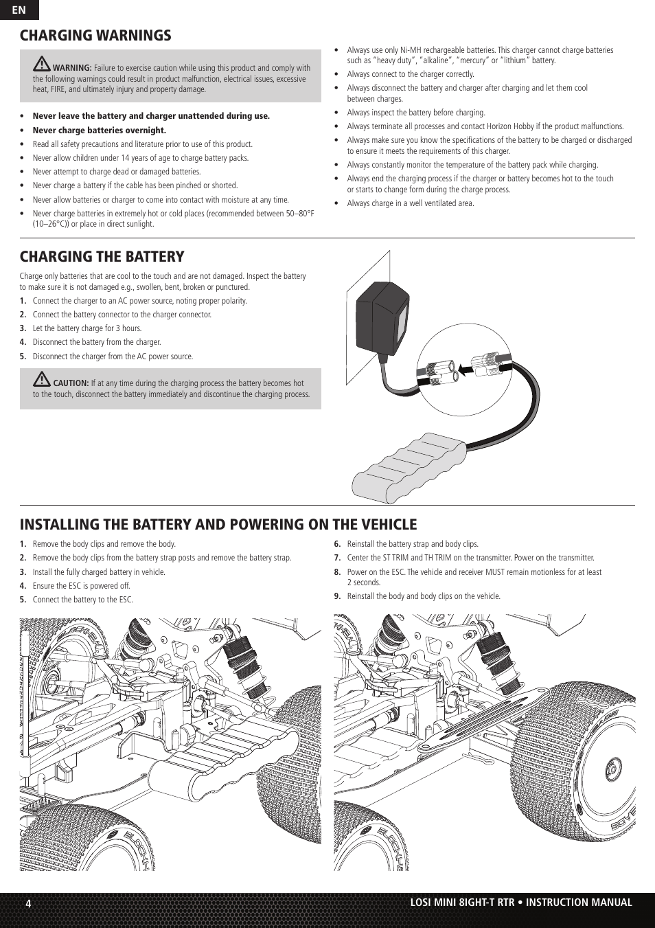 Charging warnings, Charging the battery, Installing the battery and powering on the vehicle | Losi Mini 8IGHT-T RTR User Manual | Page 4 / 20
