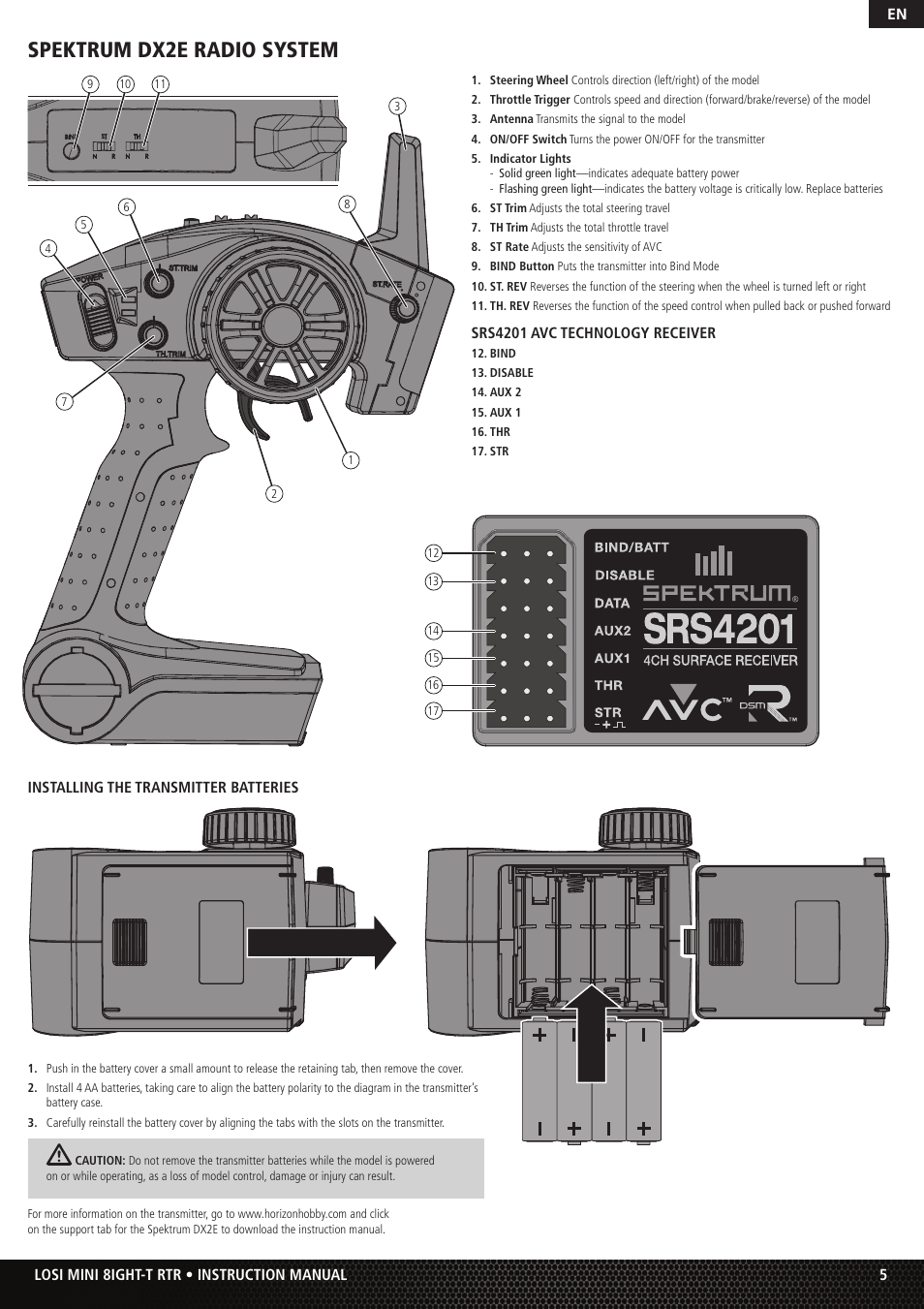 Spektrum dx2e radio system, Srs4201 avc technology receiver, Installing the transmitter batteries | 5en losi mini 8ight-t rtr • instruction manual | Losi Mini 8IGHT-T RTR User Manual | Page 5 / 20