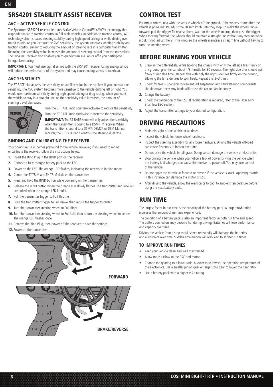 Srs4201 stability assist receiver, Control test, Before running your vehicle | Driving precautions, Run time | Losi Mini 8IGHT-T RTR User Manual | Page 6 / 20