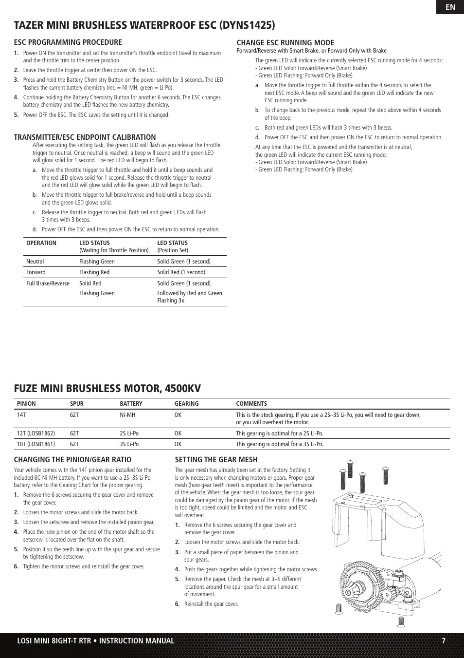 Esc programming procedure, Transmitter/esc endpoint calibration, Change esc running mode | Changing the pinion/gear ratio, Setting the gear mesh, 7en losi mini 8ight-t rtr • instruction manual | Losi Mini 8IGHT-T RTR User Manual | Page 7 / 20
