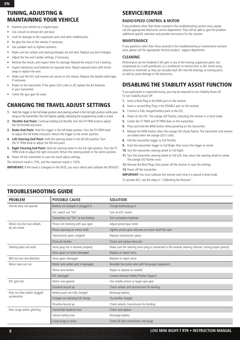 Tuning, adjusting & maintaining your vehicle, Changing the travel adjust settings, Service/repair | Disabling the stability assist function, Troubleshooting guide | Losi Mini 8IGHT-T RTR User Manual | Page 8 / 20