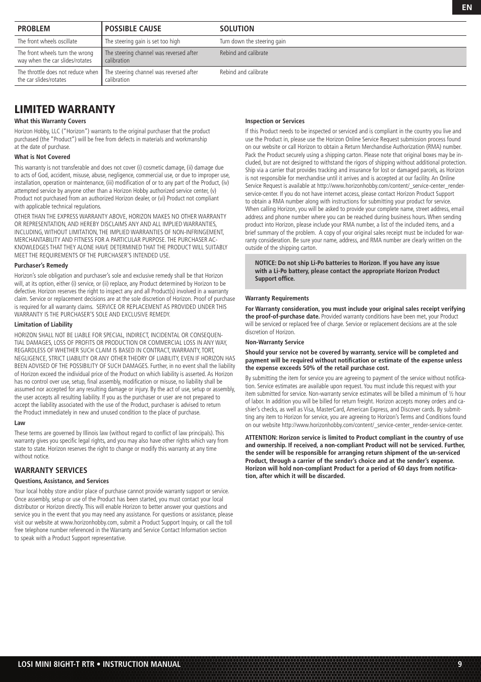 Limited warranty | Losi Mini 8IGHT-T RTR User Manual | Page 9 / 20