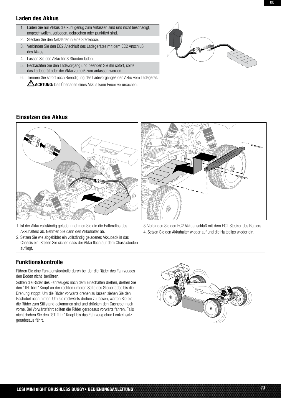 Funktionskontrolle, Einsetzen des akkus laden des akkus | Losi LOSB0224T2 User Manual | Page 13 / 40