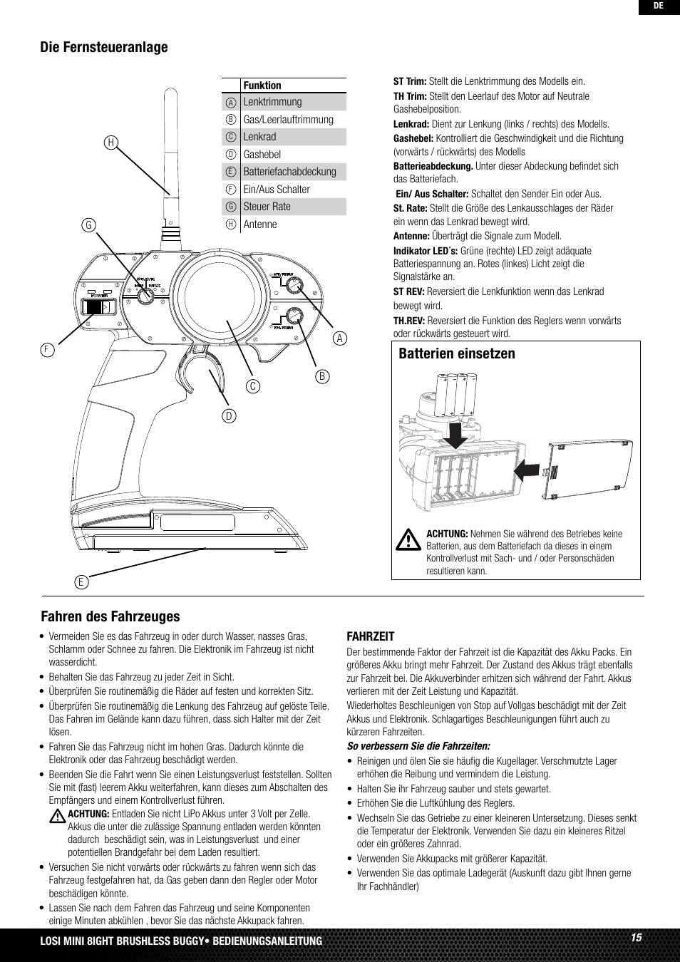 Die fernsteueranlage, Batterien einsetzen, Fahren des fahrzeuges | Losi LOSB0224T2 User Manual | Page 15 / 40