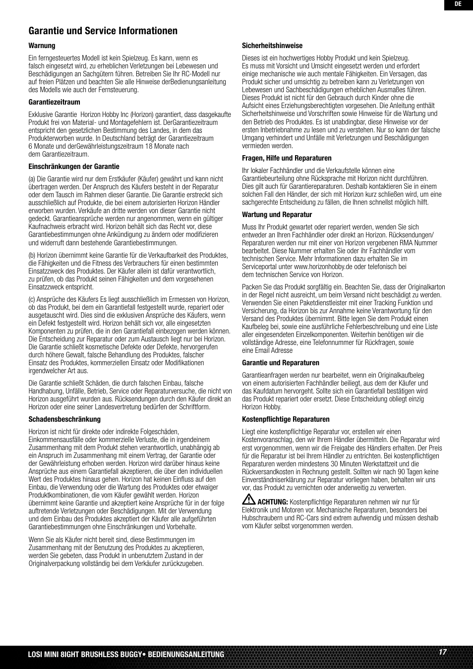 Garantie und service informationen | Losi LOSB0224T2 User Manual | Page 17 / 40