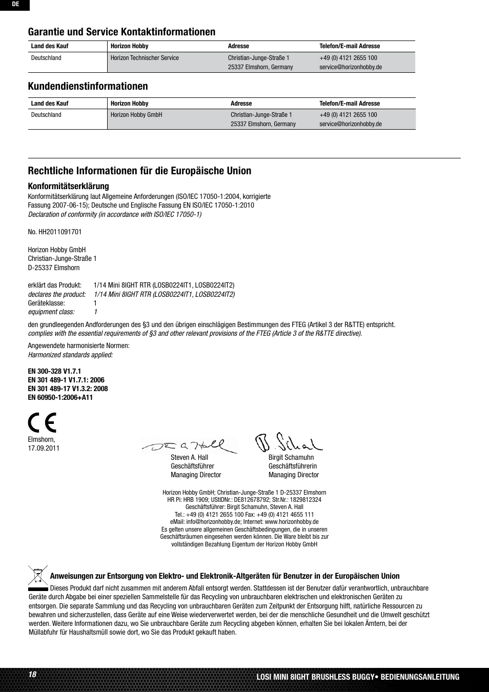 Rechtliche informationen für die europäische union, Konformitätserklärung | Losi LOSB0224T2 User Manual | Page 18 / 40
