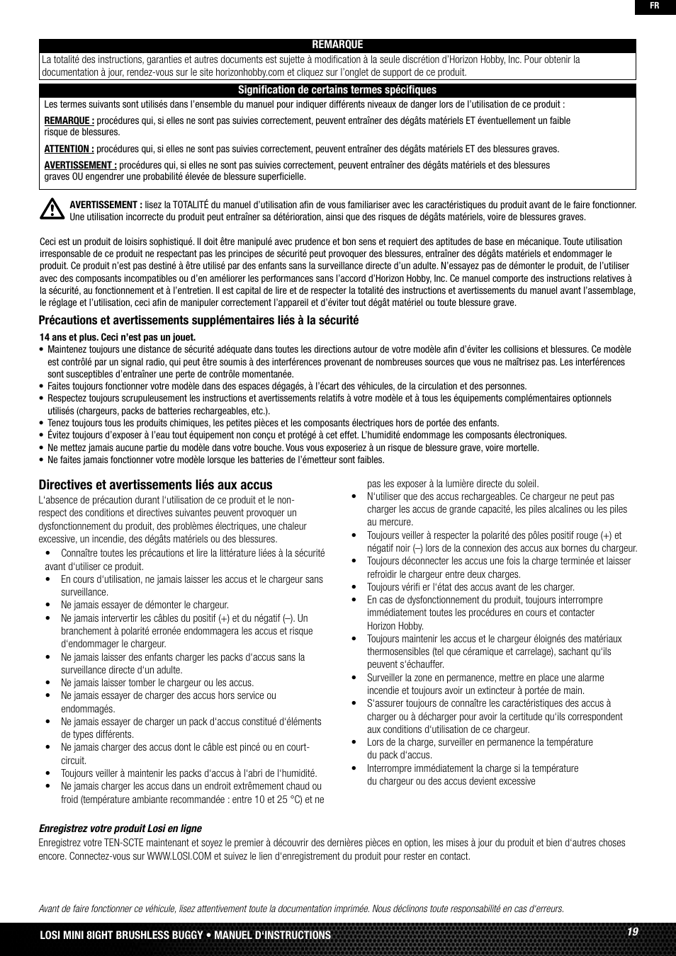 Directives et avertissements liés aux accus | Losi LOSB0224T2 User Manual | Page 19 / 40