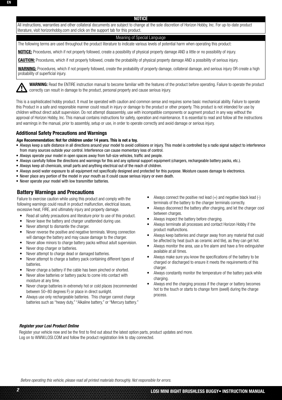 Battery warnings and precautions | Losi LOSB0224T2 User Manual | Page 2 / 40