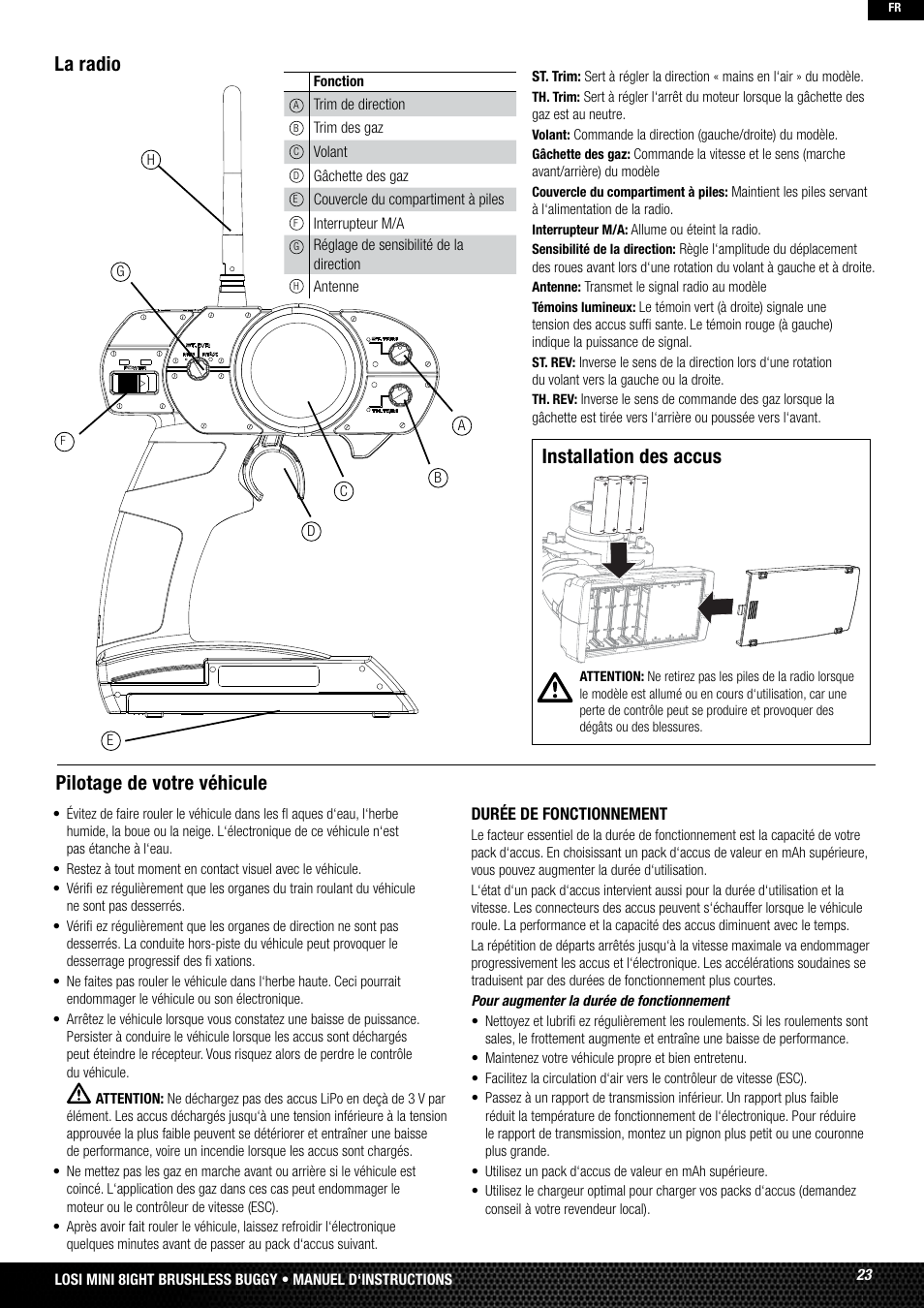 La radio, Installation des accus, Pilotage de votre véhicule | Losi LOSB0224T2 User Manual | Page 23 / 40