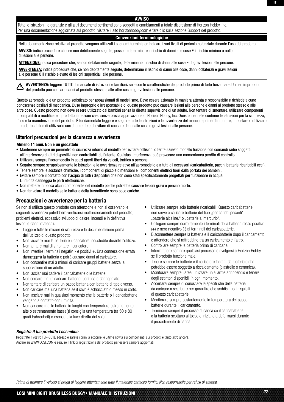 Precauzioni e avvertenze per la batteria | Losi LOSB0224T2 User Manual | Page 27 / 40