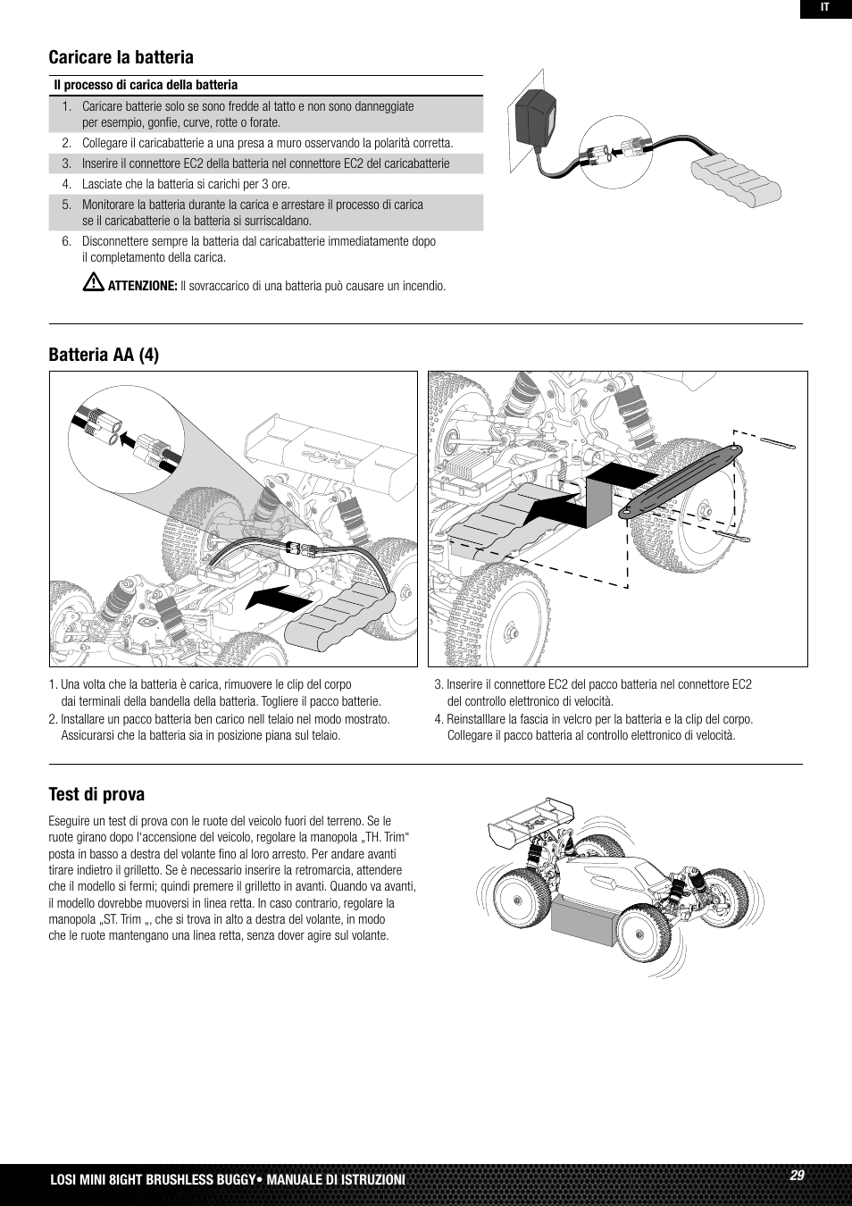 Test di prova, Batteria aa (4) caricare la batteria | Losi LOSB0224T2 User Manual | Page 29 / 40
