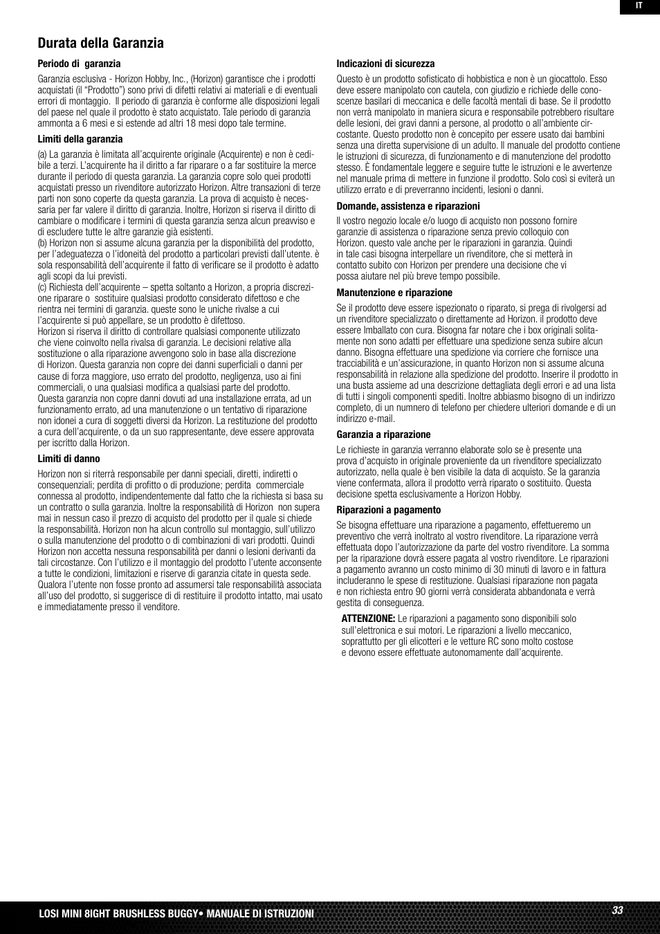 Durata della garanzia | Losi LOSB0224T2 User Manual | Page 33 / 40