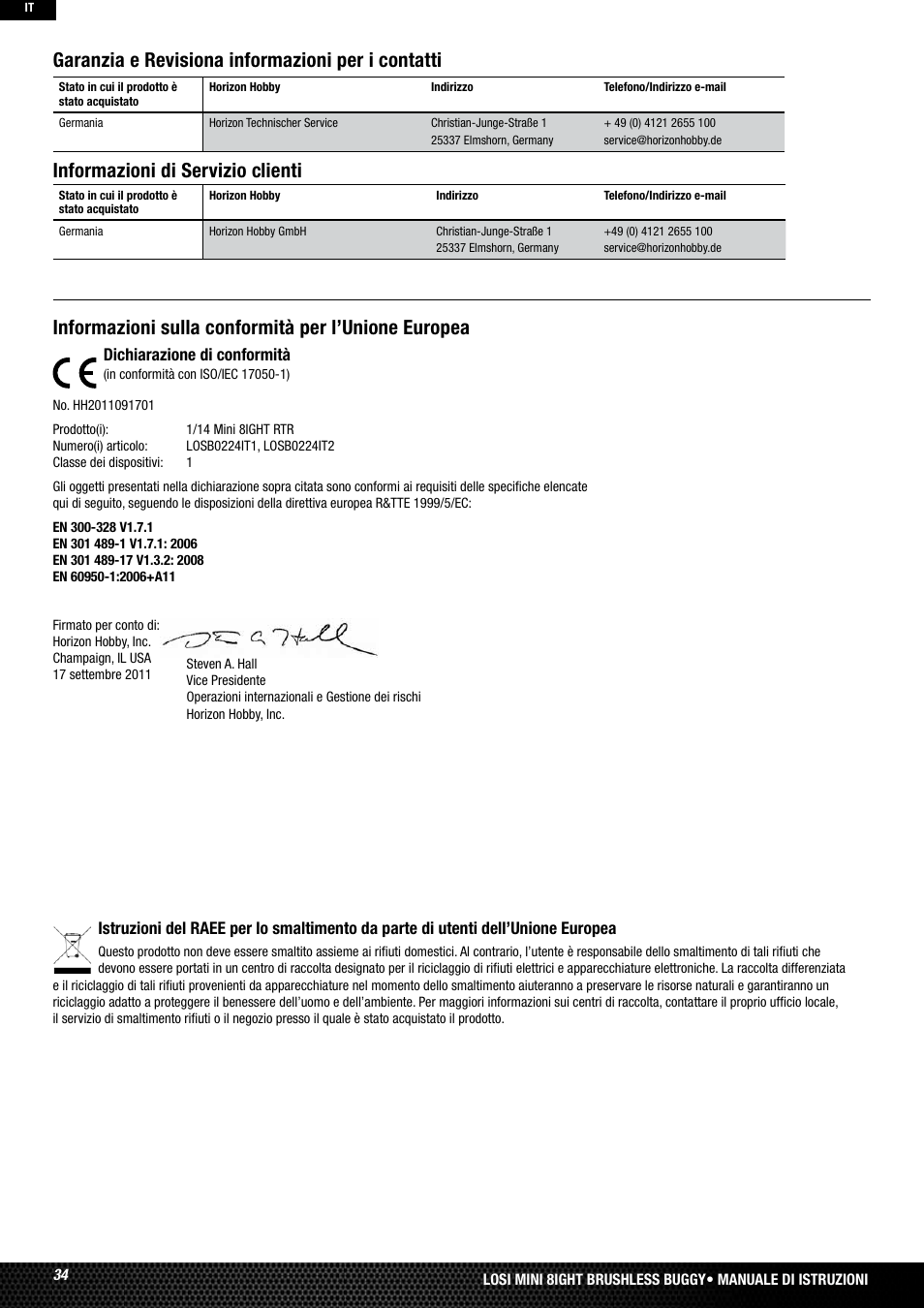 Informazioni sulla conformità per l’unione europea | Losi LOSB0224T2 User Manual | Page 34 / 40