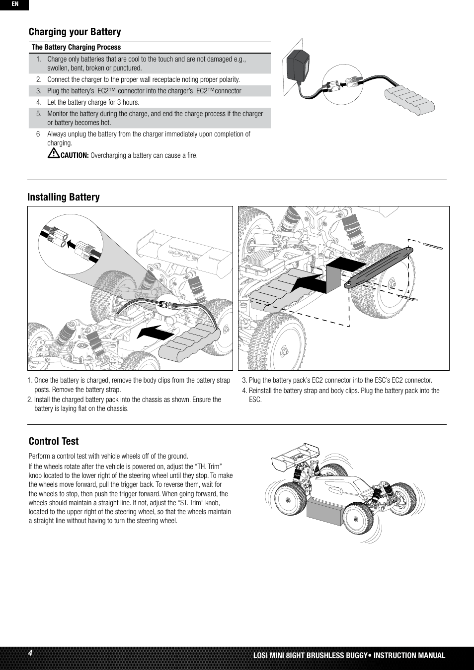Control test, Installing battery charging your battery | Losi LOSB0224T2 User Manual | Page 4 / 40
