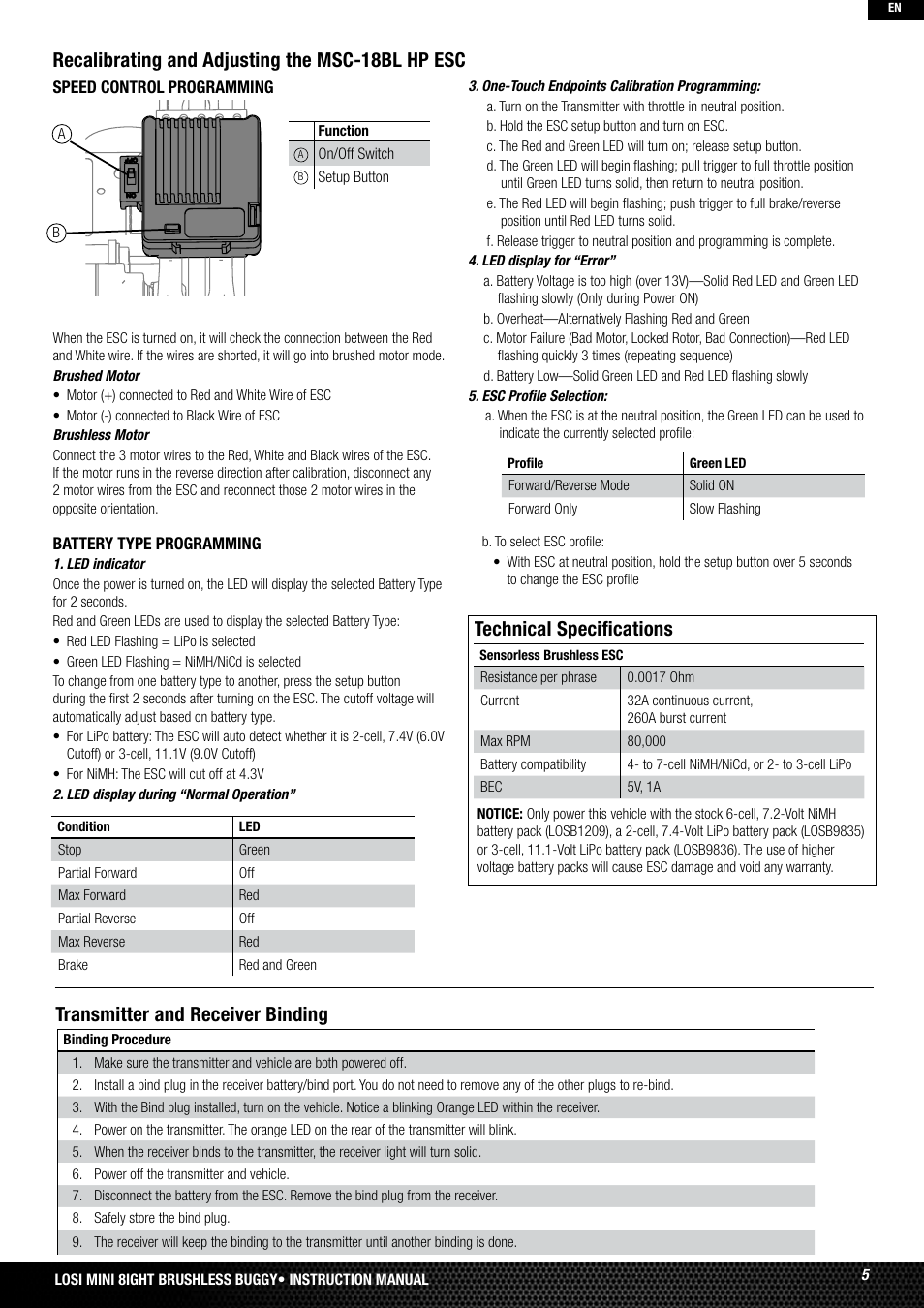 Technical specifications | Losi LOSB0224T2 User Manual | Page 5 / 40