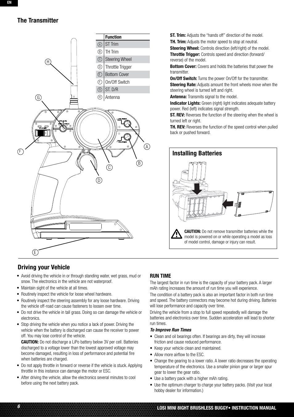 The transmitter, Installing batteries, Driving your vehicle | Losi LOSB0224T2 User Manual | Page 6 / 40
