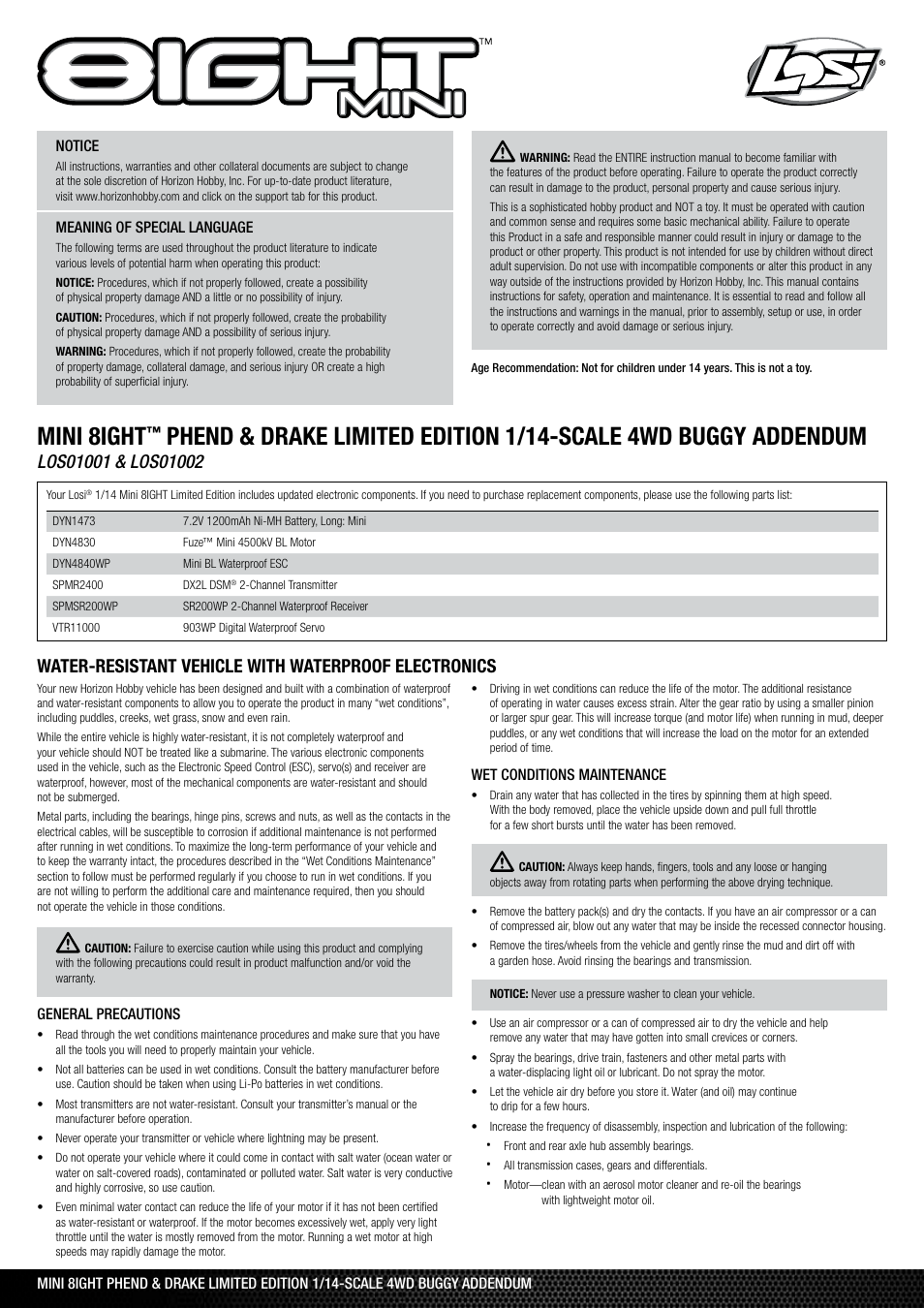 Losi Mini 8IGHT, Drake Edition Manual Addendum User Manual | 2 pages