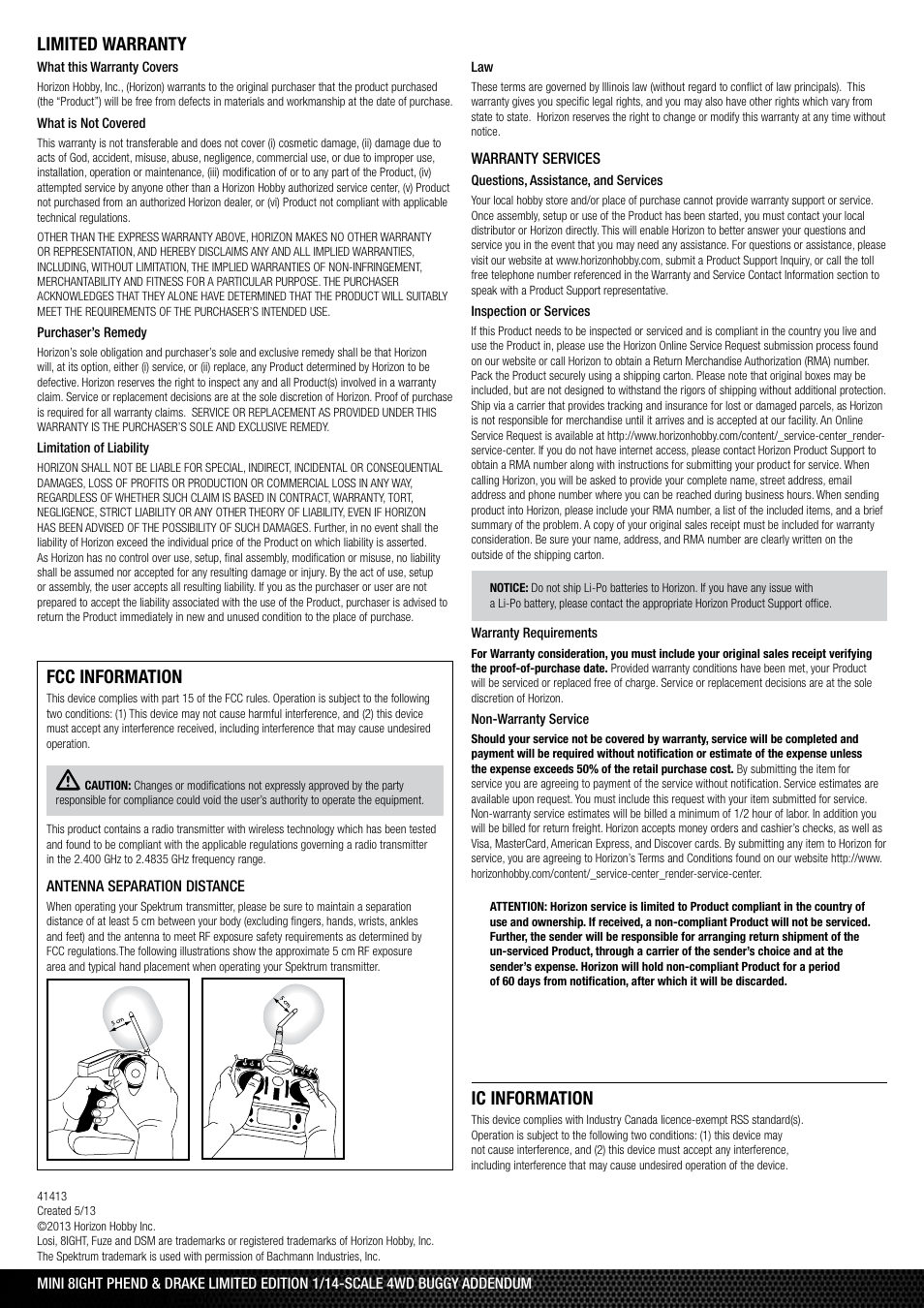 Fcc information, Limited warranty, Ic information | Losi Mini 8IGHT, Drake Edition Manual Addendum User Manual | Page 2 / 2