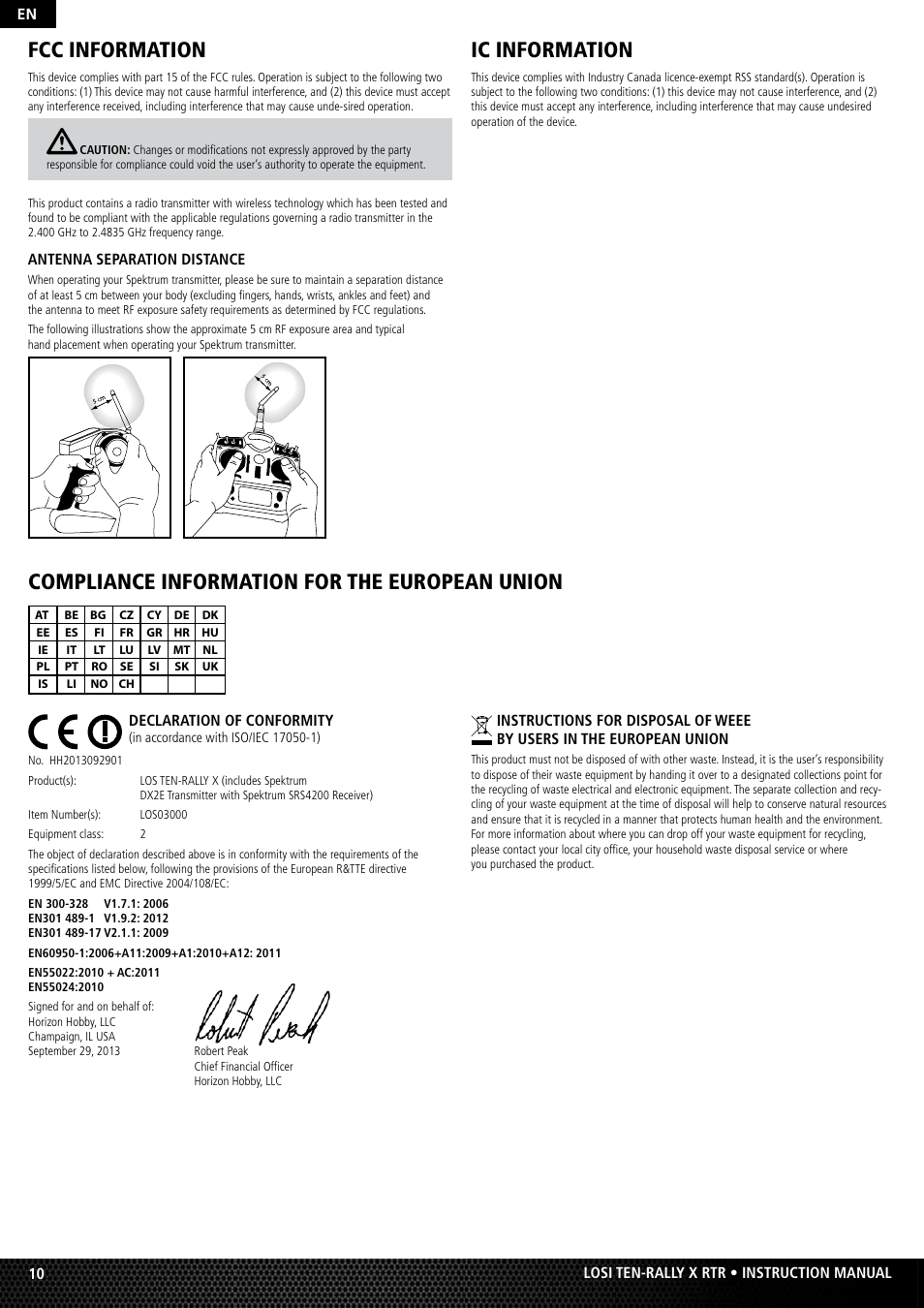 Compliance information for the european union, Ic information, Fcc information | Losi LOS03000 TEN Rally-X RTR User Manual | Page 10 / 10