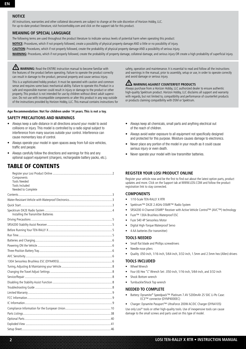 Losi LOS03000 TEN Rally-X RTR User Manual | Page 2 / 10