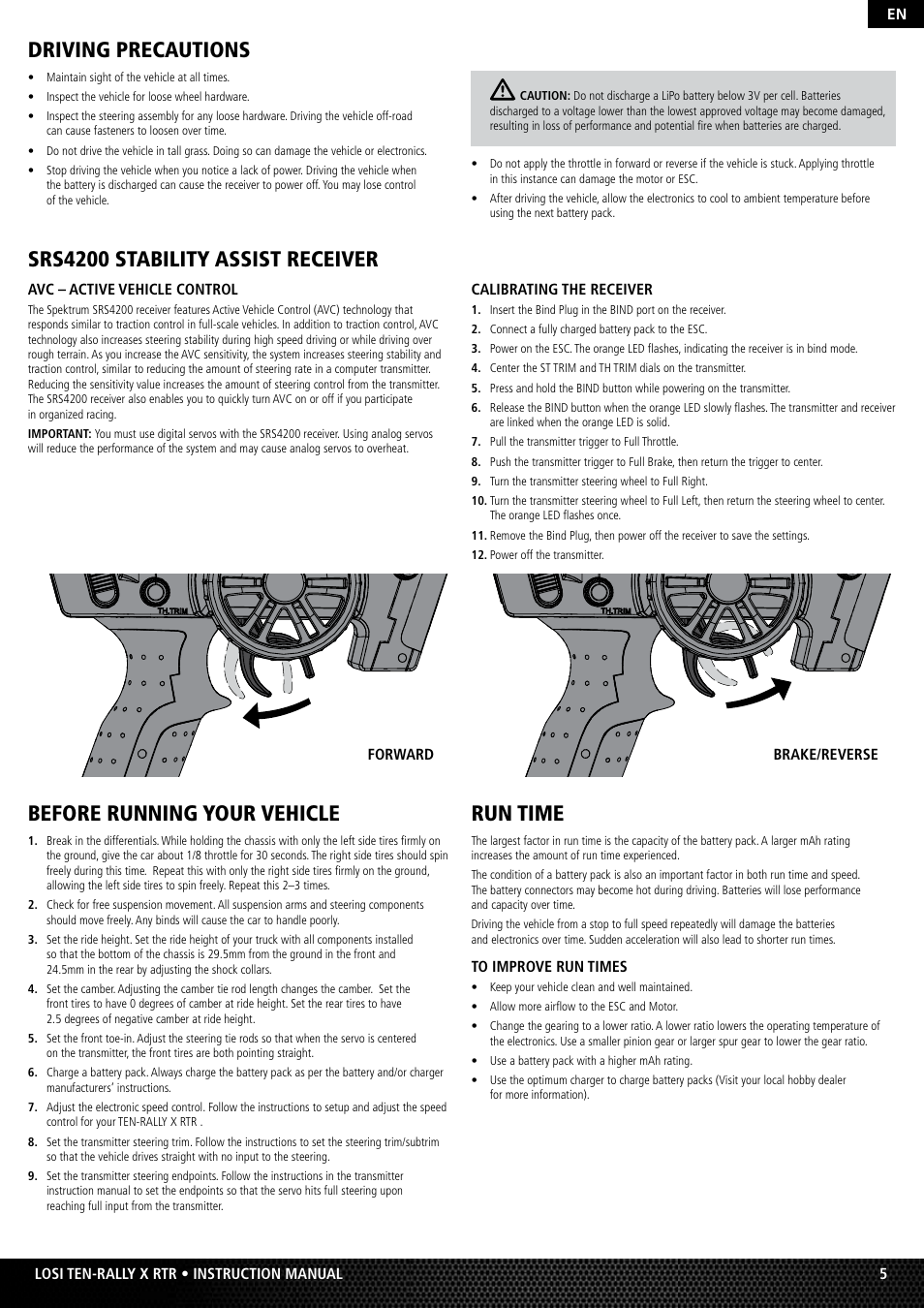 Driving precautions, Srs4200 stability assist receiver, Before running your vehicle | Run time | Losi LOS03000 TEN Rally-X RTR User Manual | Page 5 / 10