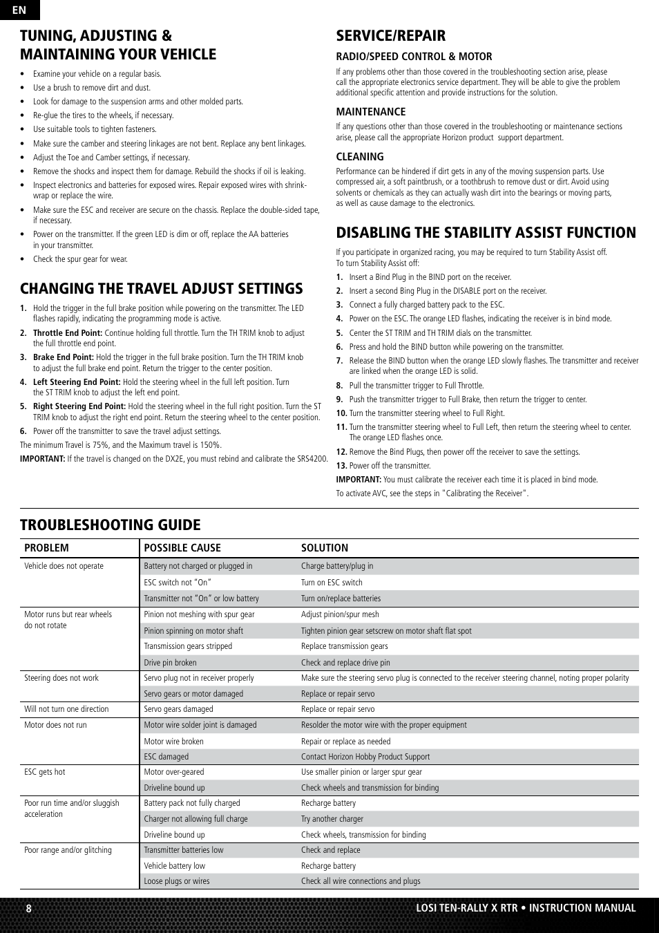 Tuning, adjusting & maintaining your vehicle, Changing the travel adjust settings, Service/repair | Disabling the stability assist function, Troubleshooting guide | Losi LOS03000 TEN Rally-X RTR User Manual | Page 8 / 10
